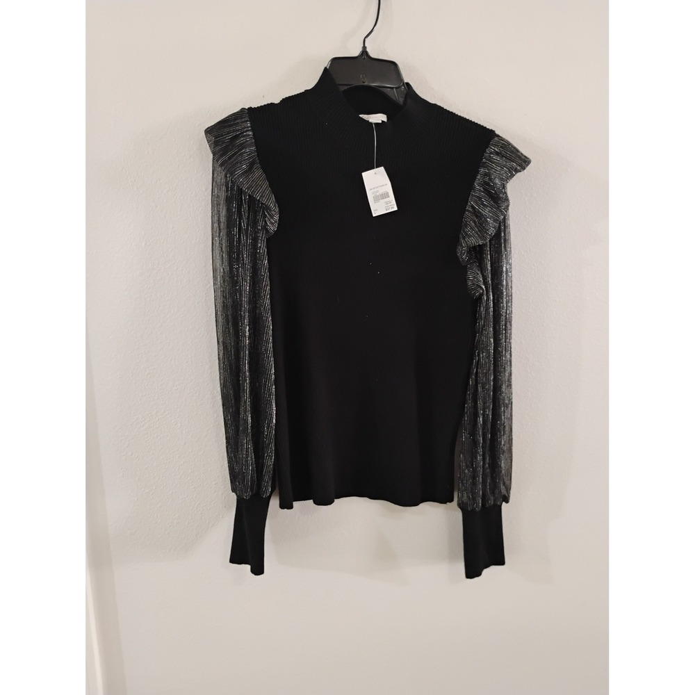 Cato Black Ribbed Mock Neck Sweater Metallic Silver Ruffle Puff Sleeve Large NWT